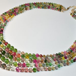 860CT Fine Tourmaline Faceted Round Bead Necklace 14K Gold Diamond Clasp 23.5 in