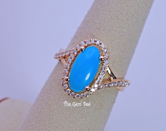 14k Solid Yellow Gold Fine Sleeping Beauty Turquoise Diamond Ring Size 5.75