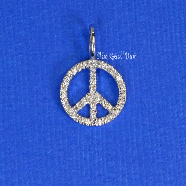 9.5mm 14K Solid White Gold Diamond Peace Sign Charm Necklace Pendant