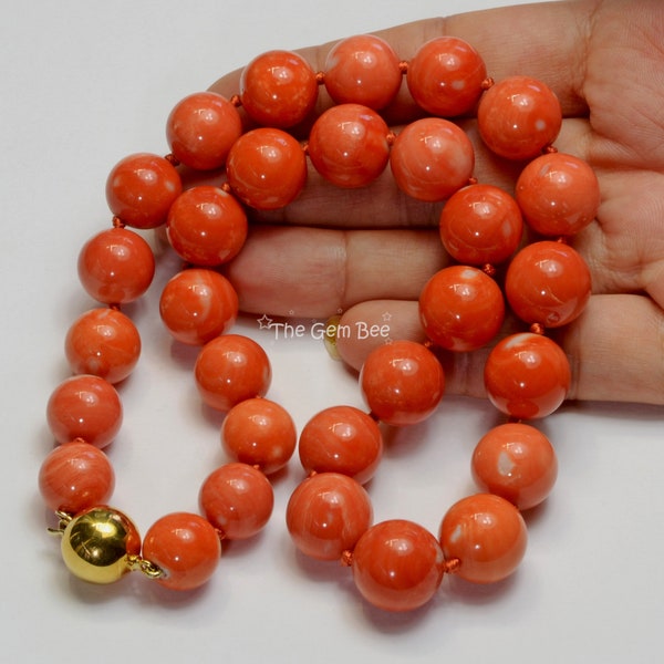 GIA 18K Gold Large Japanese Momo Orange Red Coral Round Sphere Bead 17" Necklace