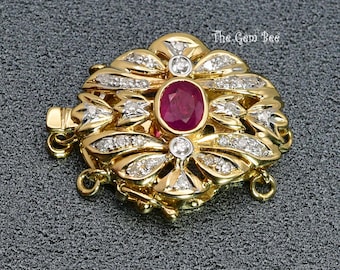 14k Solid Yellow Gold Natural Ruby Diamond Hook Clasp With 3+3 Jump Rings