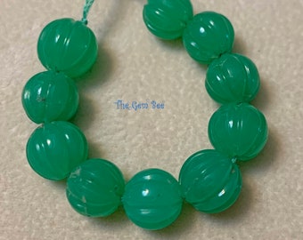8mm-9.2mm Natural Gem Chrysoprase Carved Melon Round Sphere Bead 3.2" strand (12 pieces) Carving