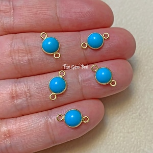 18k Solid Yellow Gold 6.4mm Sleeping Beauty Turquoise Round Coin Bezel Connector (1) or (5) or (10)