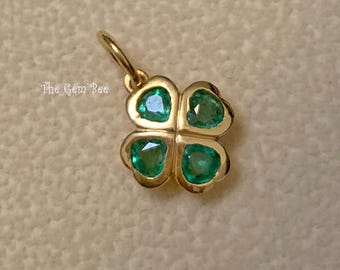 14K Solid Yellow Gold Natural Emerald Lucky 4 Leaf Clover Flower Charm Necklace Pendant