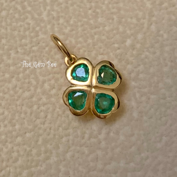 14K Solid Yellow Gold Natural Emerald Lucky 4 Leaf Clover Flower Charm Necklace Pendant