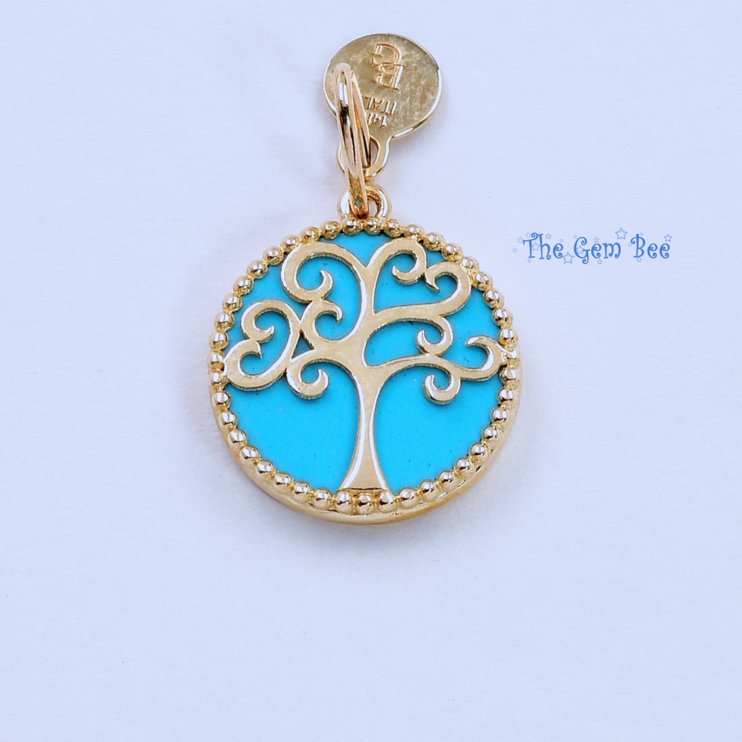 14K Solid Yellow Gold Turquoise Tree of Life Charm Necklace Pendant - Etsy