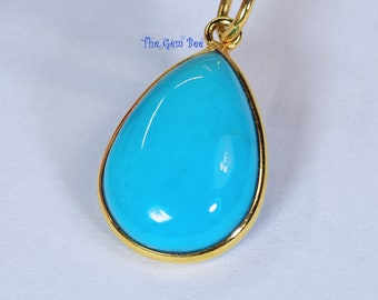 11mmx19.5mm 18k Solid Yellow Gold LARGE Sleeping Beauty Turquoise Pear Bezel Pendant Charm With 5.6mm Loop Jump Ring