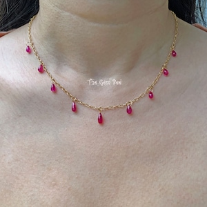 18K Yellow Gold No Heat Unheated Untreated Natural Ruby Full Teardrop Briolette Bead Necklace 16 17 18 inch adjustable length