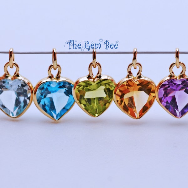 6.5mm 14k Solid Yellow Gold Garnet Peridot Amethyst Citrine White Blue Topaz Love Heart Shape Bezel Charm pendant (1)