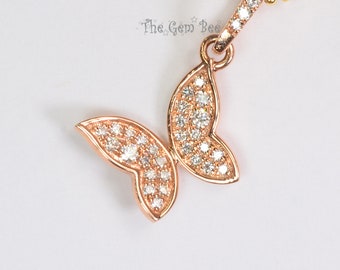 11mmx12mm 14K Solid Rose Gold Diamond Beautiful Butterfly Charm Necklace Pendant