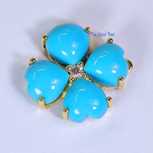 17mm LARGE 18k Yellow Gold Sleeping Beauty Turquoise Diamond Heart Shape 4 Leaf Lucky Clover Pendant Connector