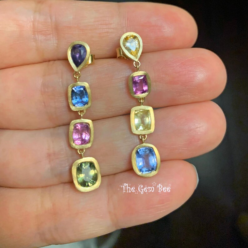 8CT 18k Solid Yellow Gold Natural Multi Color Sapphire Dangle Linear Earrings PAIR image 5