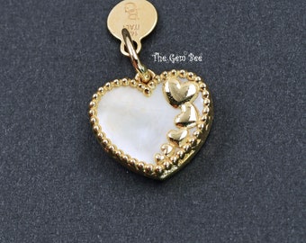 14K Solid Yellow Gold Mother Of Pearl MOP LOVE Heart Charm Necklace Pendant