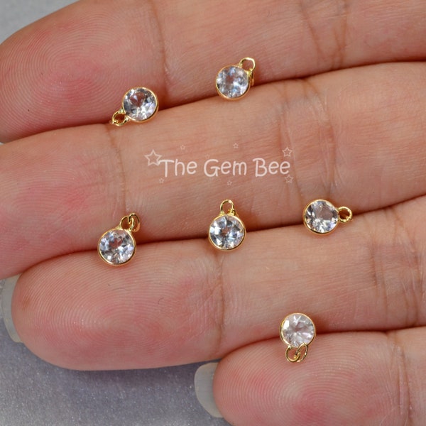 4MM 14k Solid Yellow Gold White Topaz Circle Bezel Charm pendant (1)