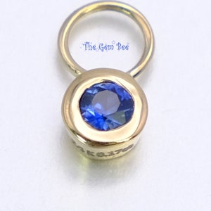 14K Solid Yellow Gold 5MM Blue Sapphire Round Bezel Charm Necklace Pendant 4mm hole