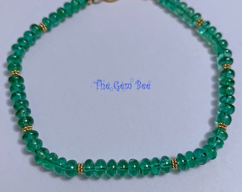 Finest Zambian Emerald Smooth Rondelle 18k Solid Yellow Gold Bracelet 7.2 inch