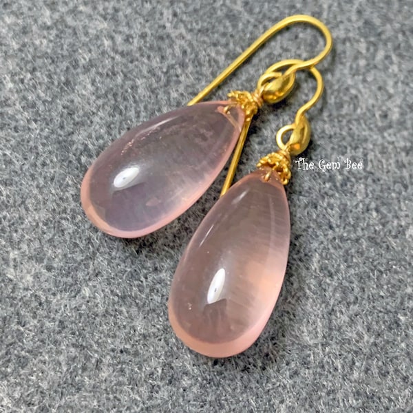 18K Solid Yellow Gold Finest Rose Quartz Smooth Teardrop Briolette Earrings