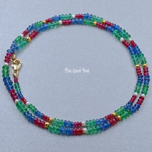 18k Solid yellow gold Emerald No heat untreated Ruby Blue Sapphire Seed pearl 18&quot; Necklace