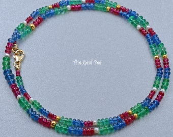 18k Solid Gelbgold Smaragd Keine Hitze unbehandelt Rubin Blau Saphir Samen Perle 18 "Halskette