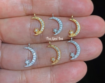 14K Solid Yellow White Gold Diamond Petite Crescent Moon and Star Charm Necklace Pendant