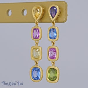 8CT 18k Solid Yellow Gold Natural Multi Color Sapphire Dangle Linear Earrings PAIR image 3