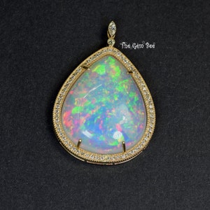 14k Solid Yellow Gold 24CT Oval Natural Opal 0.46CT Diamond Pendant
