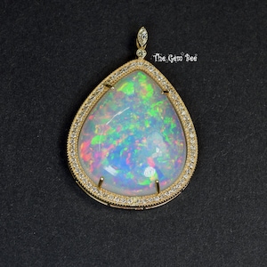 14k Solid Yellow Gold 24CT Oval Natural Opal 0.46CT Diamond Pendant