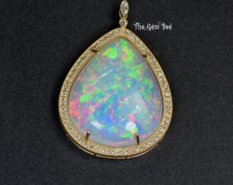 14k Solid Yellow Gold 24CT Oval Natural Opal 0.46CT Diamond Pendant