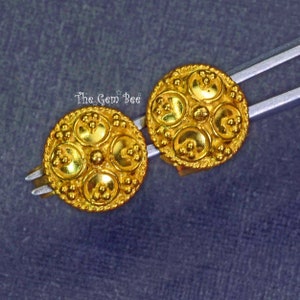 18k Solid Yellow Gold Granulation Ear Post Studs Pair With Backs
