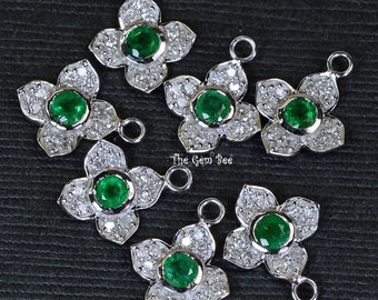 10MM 14K solid White Gold Diamond Emerald 4 petal Flower Quatrefoil Charm Necklace Pendant