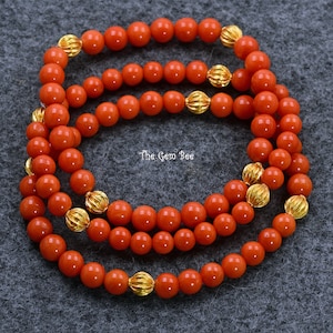 18k Solid Yellow Gold Undyed Tomato Red Mediterranean Sardinia Coral Stretchy Bracelet