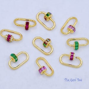12.5mmx19.2mm 14K Solid Yellow Gold Multi Stone Pink Sapphire Ruby Emerald Multi Charm Holder Screw Secured Carabiner Lock Enhancer Pendant