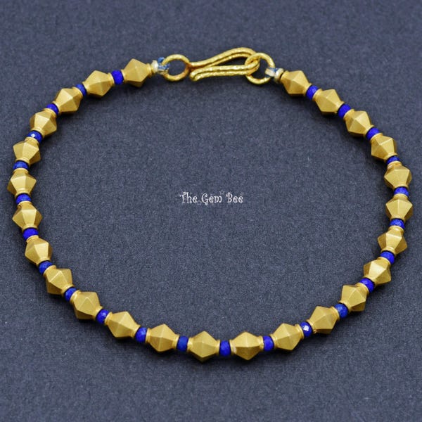 18K Solid Yellow Hexagonal Prism Gold Fine Lapis Bead Bracelet