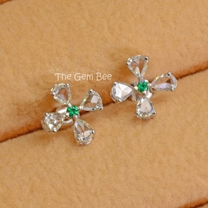 18K ソリッド ホワイト ゴールド ローズカット ペア ダイヤモンド エメラルド フラワー イヤリング