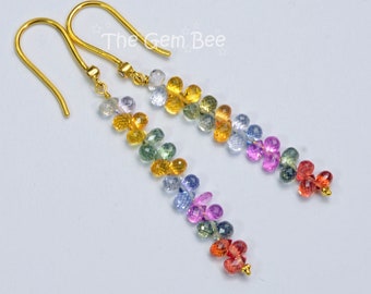18K Solid Yellow Gold Diamond Multi Color Sapphire Earrings