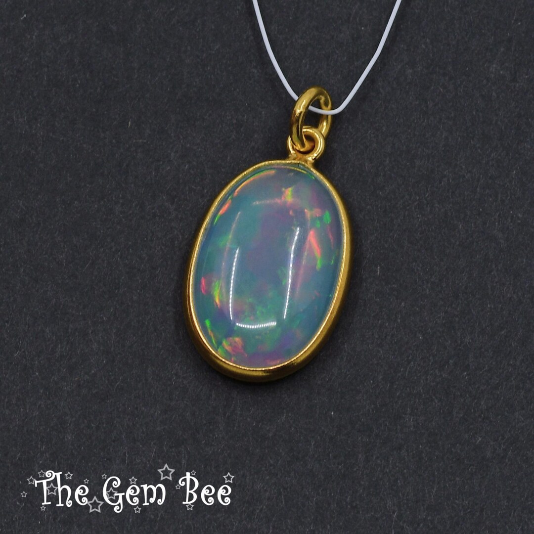 Natural 18k Solid Yellow Gold Opal Cabochon Bezel Charm Pendant