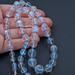 18K Solid Yellow Gold 250CT Large Rainbow Blue Flash Moonstone Smooth Round Sphere Bead Necklace 21 INCH
