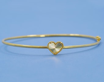 10k Solid Yellow Gold Faceted LOVE Heart Shape Open Bangle 7 INCH