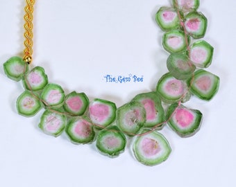 51.2CT Green and Pink Organic Raw True Watermelon Tourmaline Slice Briolette Beads 4.2 inch strand