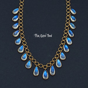 18k Solid Yellow Gold 38 Carat Finest Rainbow Blue Flash Moonstone Charm Necklace Diamond Accent