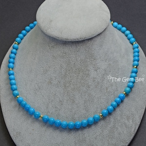 18K Yellow Gold Robins Egg Blue Sleeping Beauty Turquoise Round Bead Necklace