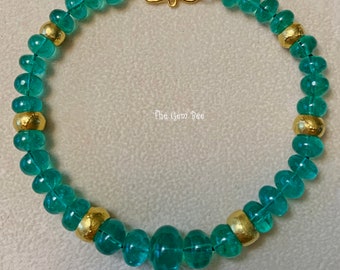 6.3mm-11mm GIA Certified Finest LARGE Zambian Emerald Smooth Rondelle 18k Solid Yellow Gold Diamond Bracelet 8 inch