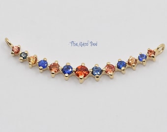 14K Solid Yellow Gold Natural Multi Color Sapphire Smiley Face Curved Bar Necklace Connector
