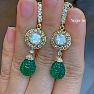 20CT Polki Diamond Emerald 24k Yellow Gold Dangle Leverback Earrings