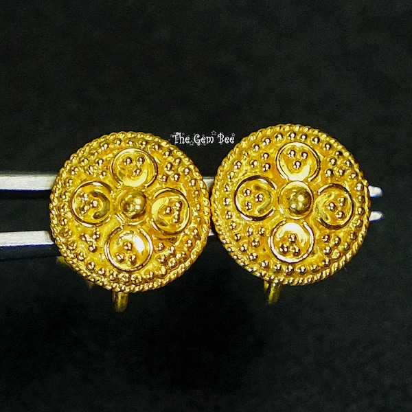 8MM 18k Solid Yellow Gold Granulation Ear Post Findings Pair With closed jump ring loops and Backs