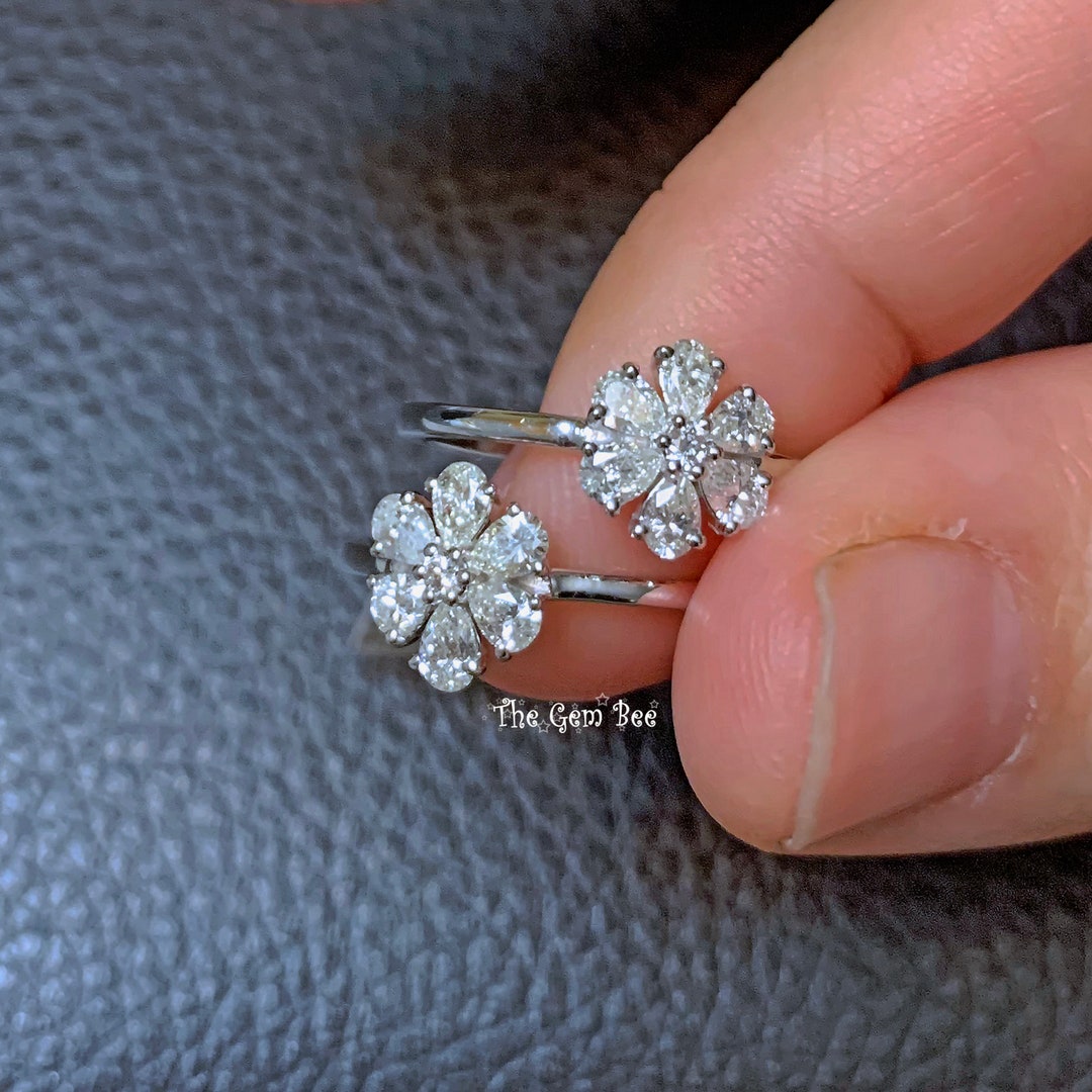 14k Solid White Gold Pear Shape Diamond Flower Ring Size 6 - Etsy