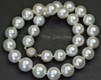 13mm-15.18mm White South Sea Round Pearl Necklace 18 INCH 14k Gold Diamond Clasp