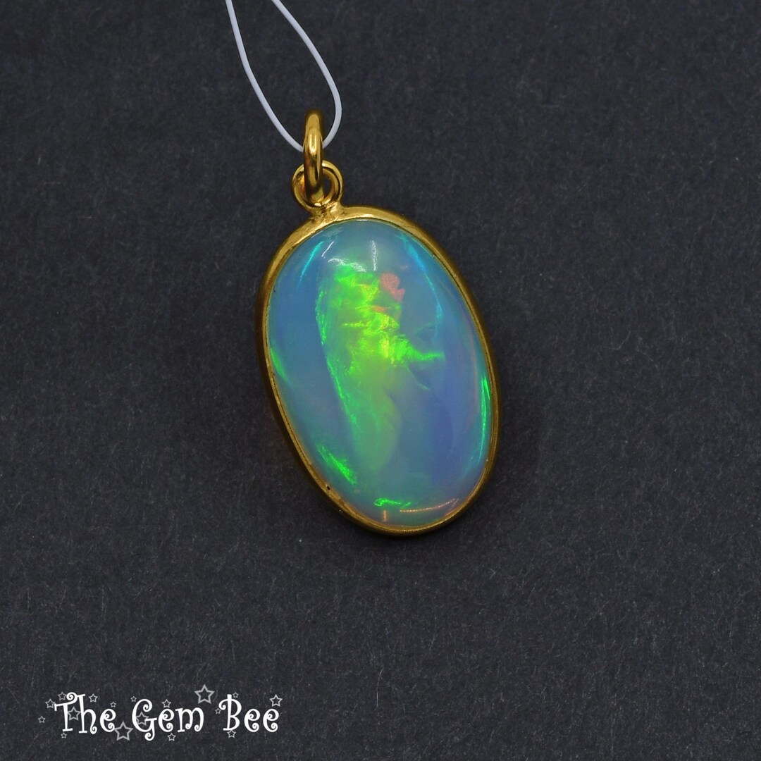 Natural 18k Solid Yellow Gold Opal Cabochon Bezel Charm Pendant