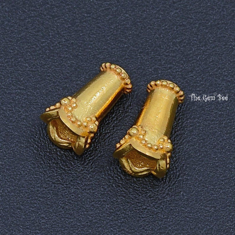 6.mmx9mm 18k Solid Yellow Gold Cone Bead Cap Crimp Finding PAIR ...
