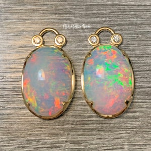 18k Solid Yellow Gold 13.65CT Natural Opal Oval Shape Diamond Accent Ear Pendants PAIR